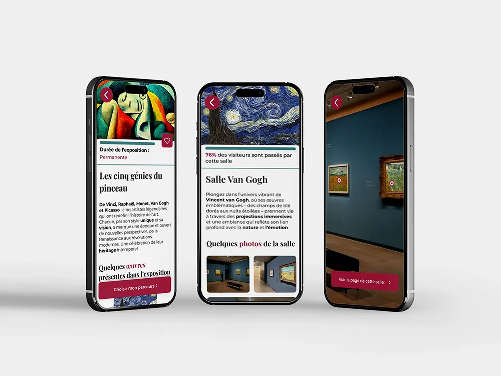 3 téléphones simulant l'application lors d'une visite guidée