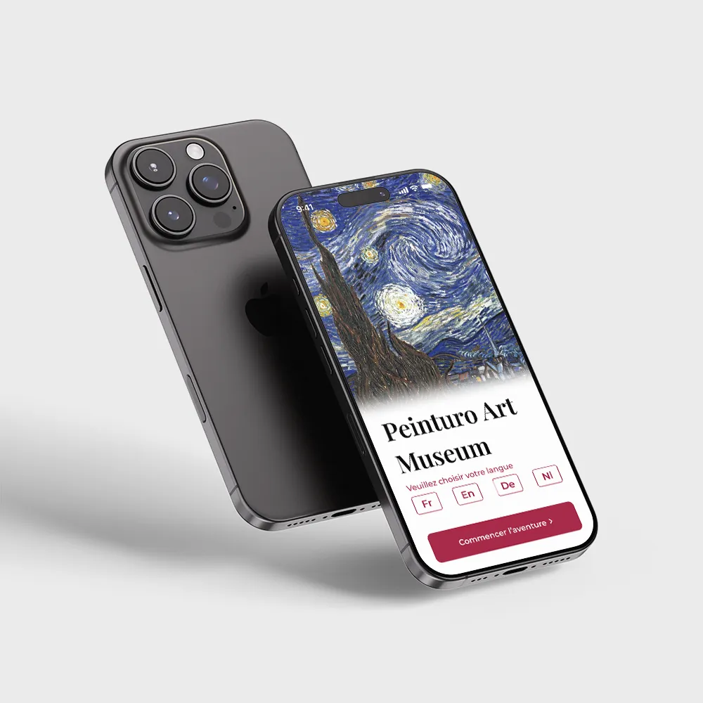 Simulation d'une application interactive pour un musée sur Iphone 16 gris fonçé