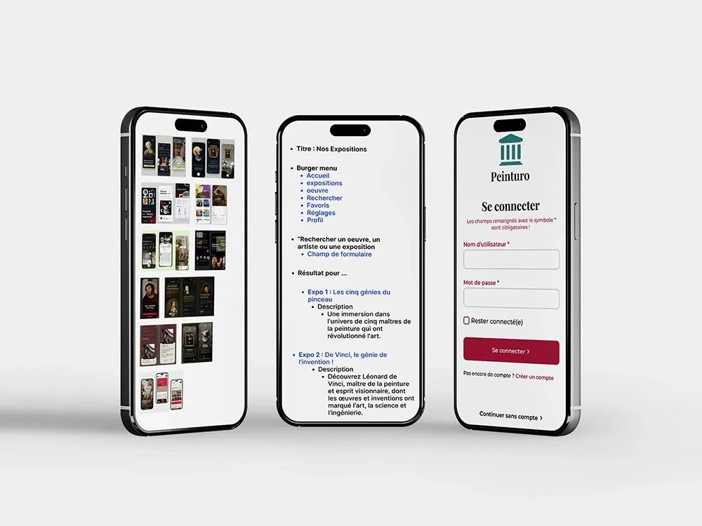 3 téléphones montrant mes 3 étapes du moodboard au design